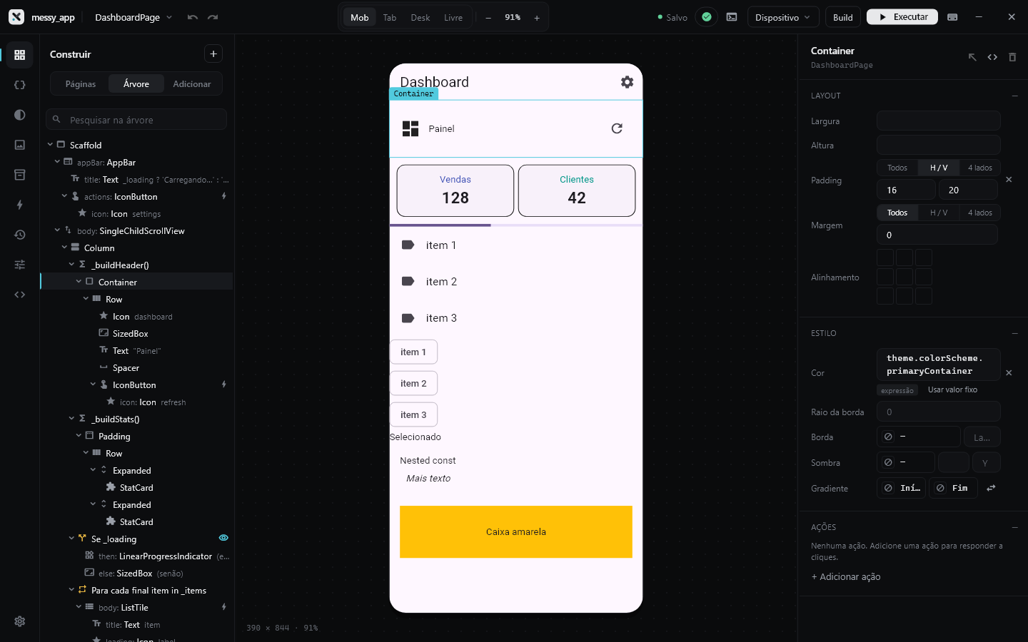 Editor visual do Flutteryx com árvore de widgets, prévia no celular e painel de propriedades