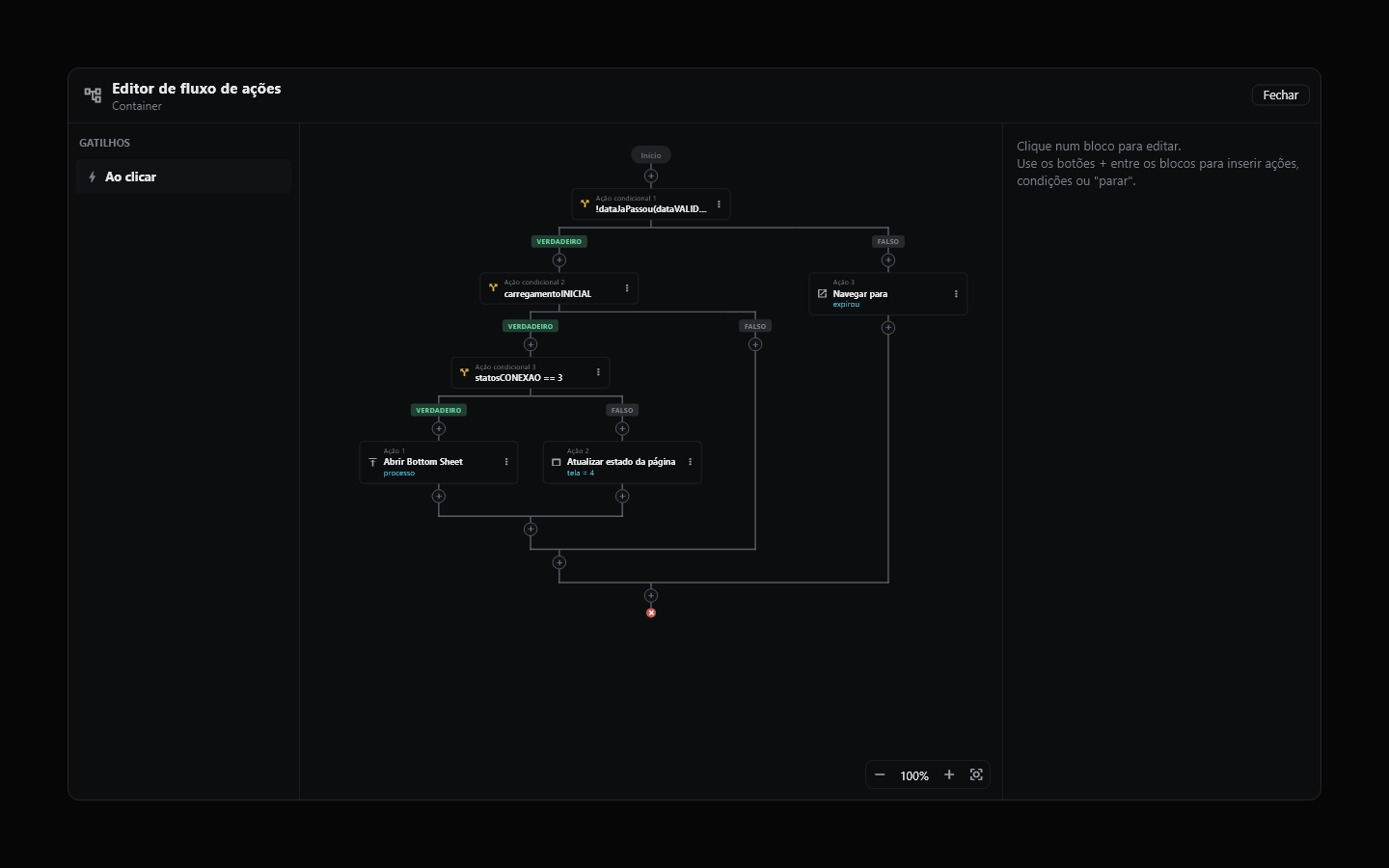 Editor de fluxo de ações do Flutteryx