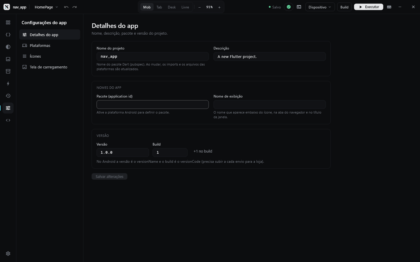Configurações do app