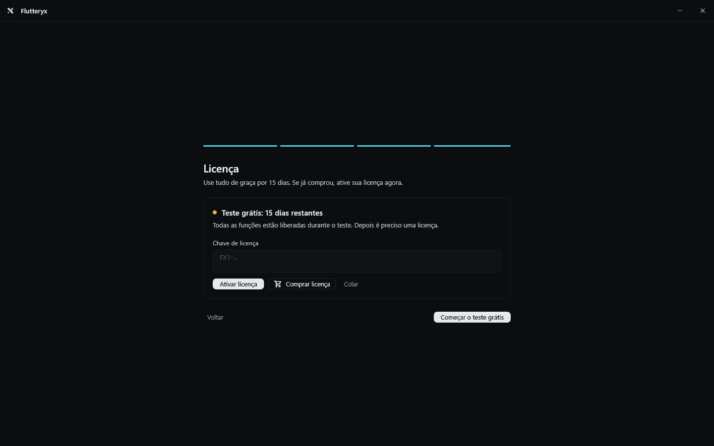 Tela de licença e teste grátis